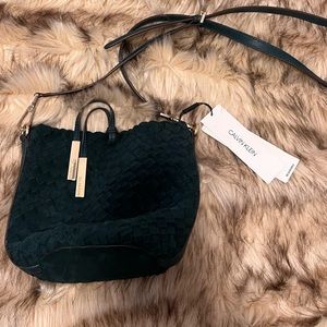 Calvin Klein emerald green leather suede woven bucket bag crossbody purse